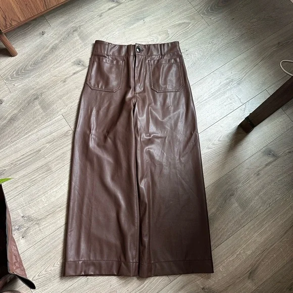 Maeve Anthropologie Chocolate Brown Colette Cropped Wide-Leg Faux Leather Pants - Picture 4 of 11